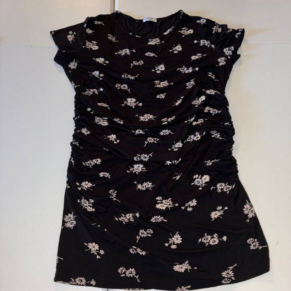 Smallshow Maternity Ruched Floral Mini Dress Black White Daisy XXL Short Sleeve